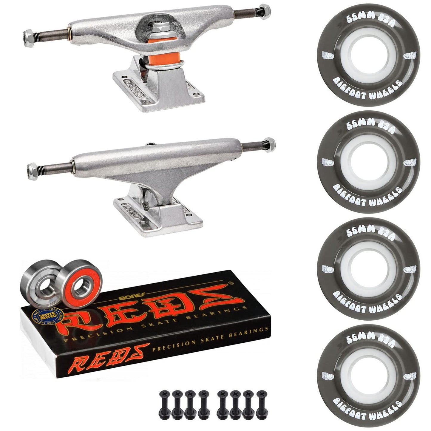 Skateboard Package: Independent 144 Trucks, 55mm 83A Black Cruiser Wheels, Bones Reds