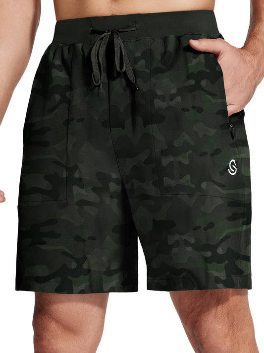 ISEEGZ Men's Athletic Workout Gym Shorts, 7-Inch Inseam, Zipper Pockets, Camo Green