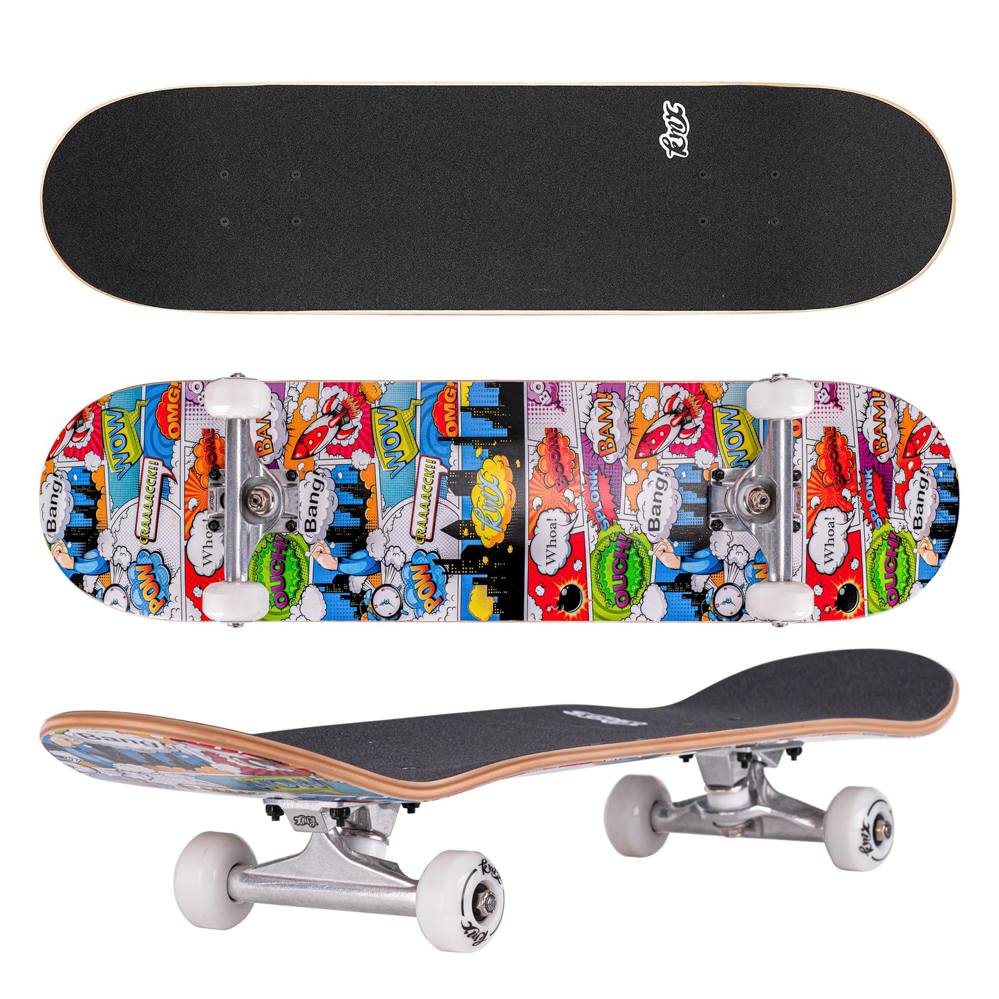 KMX Complete 31" x 8" Skateboard for Beginners, Double Kick Concave Deck, 7-Layer Canadian Maple, Premium Trucks, Comic Cartoon