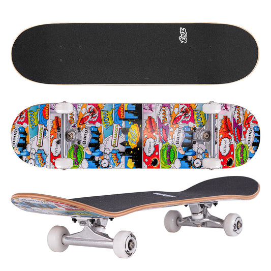 KMX Complete 31" x 8" Skateboard for Beginners, Double Kick Concave Deck, 7-Layer Canadian Maple, Premium Trucks, Comic Cartoon