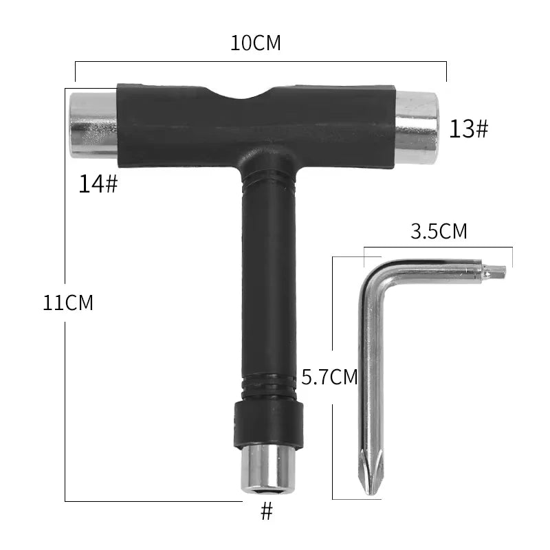 Skate Tools Multi-Function Portable Skateboard T-Shaped Accessory with Allen Key Phillips Head Wrench Screwdriver