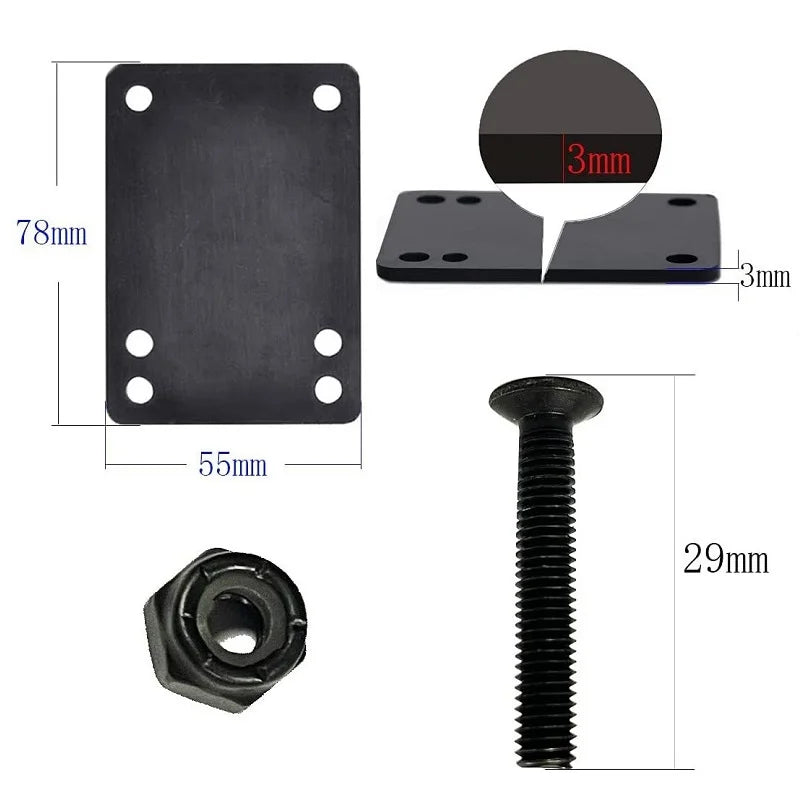 Skateboard Riser Pads Set, 3mm PU Rubber Gasket with 29mm Bolts Longboard Deck Shock Absorption Truck Bracket