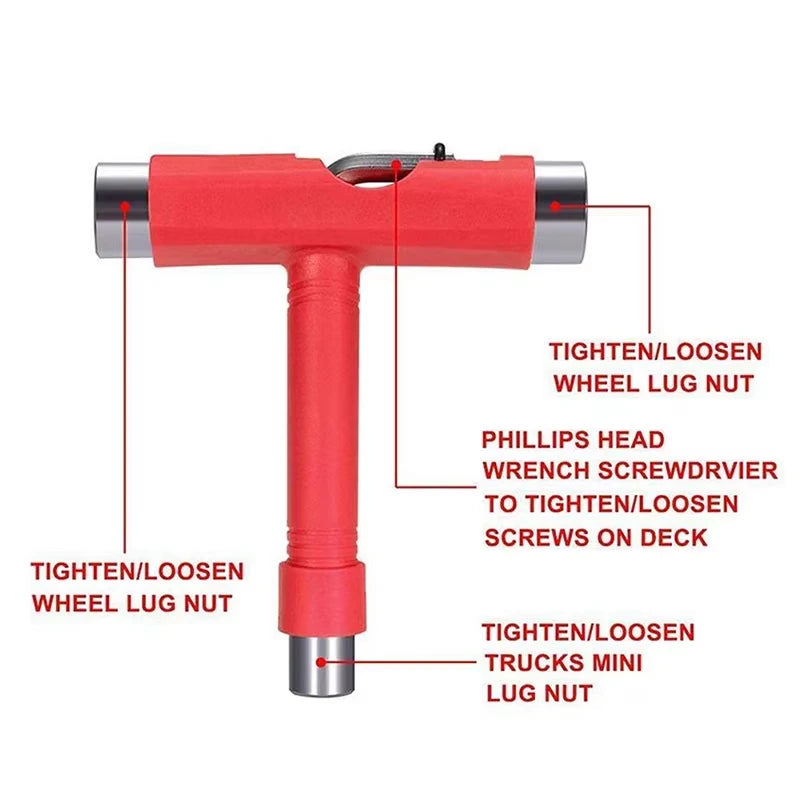 Skate Tools Multi-Function Portable Skateboard T-Shaped Accessory with Allen Key Phillips Head Wrench Screwdriver