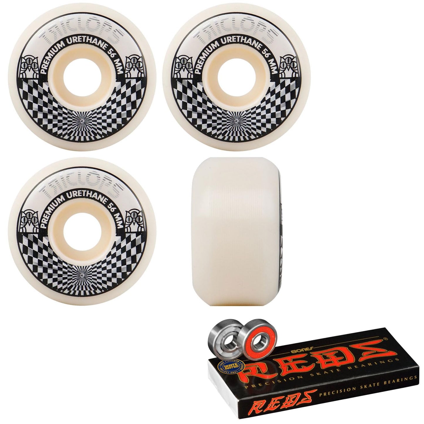 Triclops Skateboard Wheels Vertigo (56mm, 99A, White) With Bones Reds Bearings