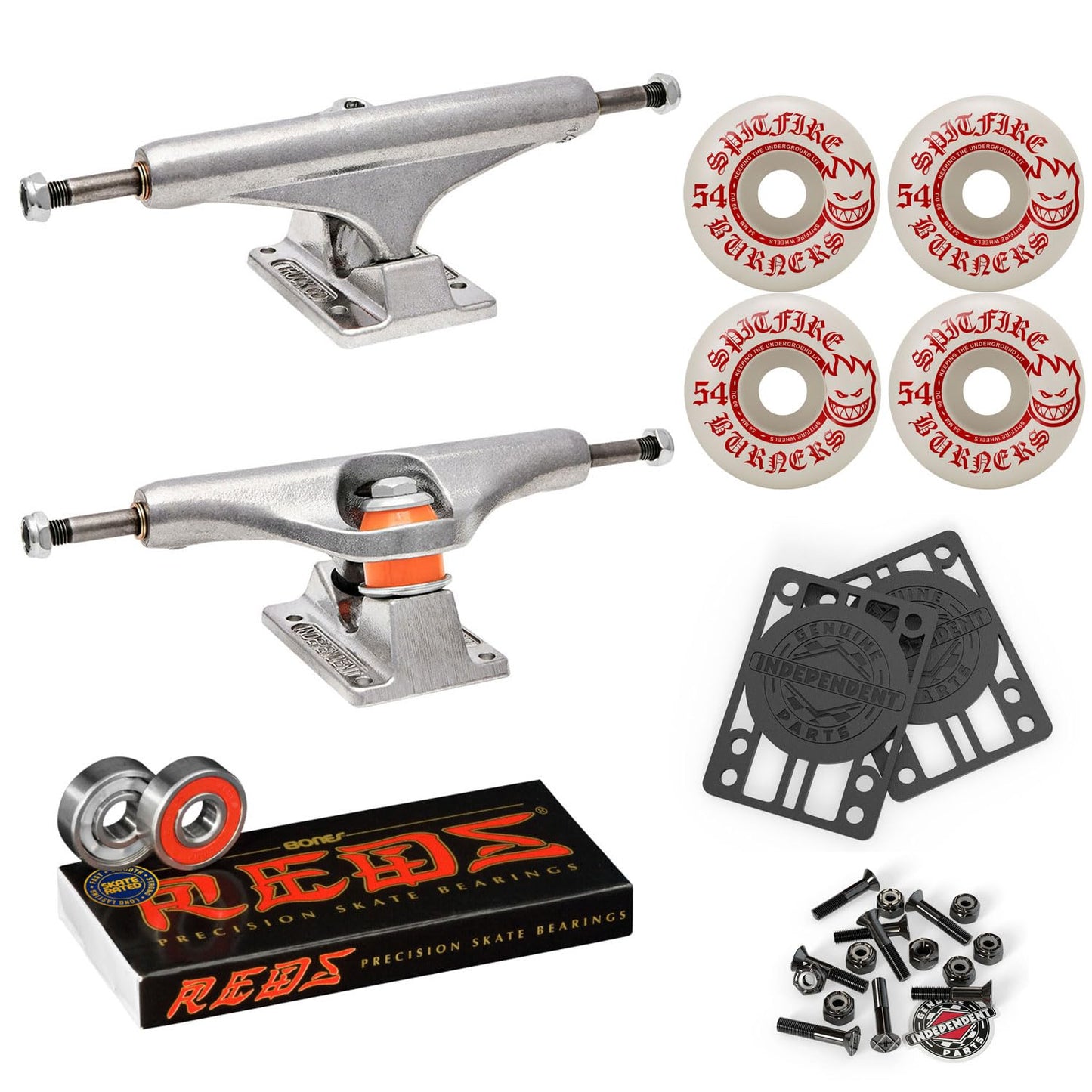 Independent Skateboard Trucks, 149 Mid + 54mm Spitfire Burners Wheels, Bones Bearings, Kit