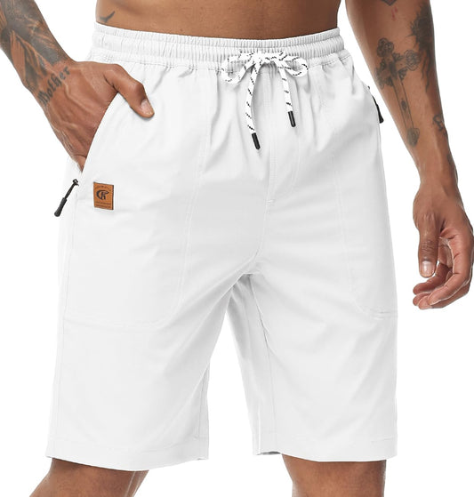 Men's Stretch Shorts, Casual Classic Fit, Drawstring Summer Beach Shorts with Zipper Pockets (White, 36)